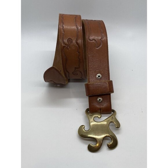 Brown Women's Embossed Belt Genuine Leather Size 26 Brass Buckle - Picture 8 of 16